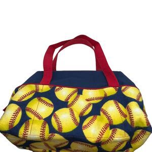 Baseball Handbag Flannel Handmade Blue Red Yellow Vintage 80s Purse Zip Top